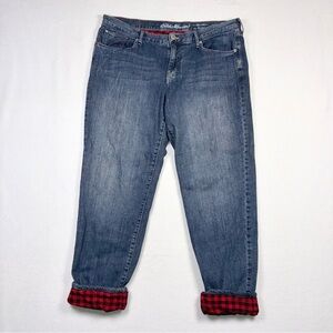 Eddie Bauer women’s flannel lined Boyfriend Relaxed blue jeans straight Size 14